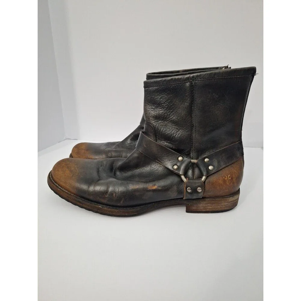 Vtg Frye Antiqued Black Leather Motorcycle Harness Boot Ankle Zip Up Mens 13 D